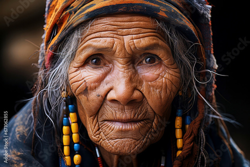 Portrait of native old shaman gray-haired wrinkled woman wearing traditional headscarf looking at camera with serious gaze