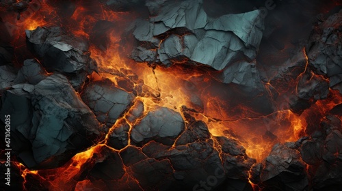 A fiery inferno dances within the cool, ancient embrace of a hidden cave, as molten lava seeps through the cracks in the rocks, igniting the raw power of nature's untamed flames