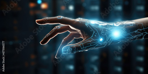 Human hand blending into AI robotic hand, in hi tech environment, using laptop 