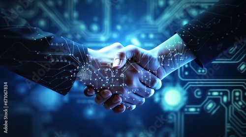 Digital handshake on blue technology background. Business partnership concept.