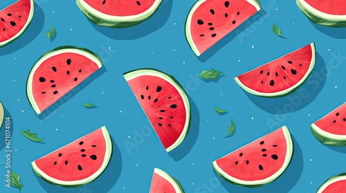 watermelon slices on a blue background with leaves and dots. generative ai