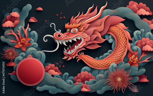 New Year banner, poster, banner, Chinese New Year 2024, Year of the Dragon. Dragon, with red, purple paper cut and craft style on black color background. Vector illustration