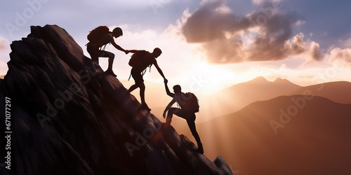 Teamwork and cooperation concept with three people in silhouette hold hands and help each other climb to the mountain top