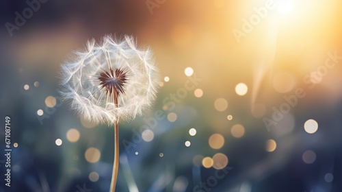  a dandelion is blowing in the wind on a sunny day. generative ai