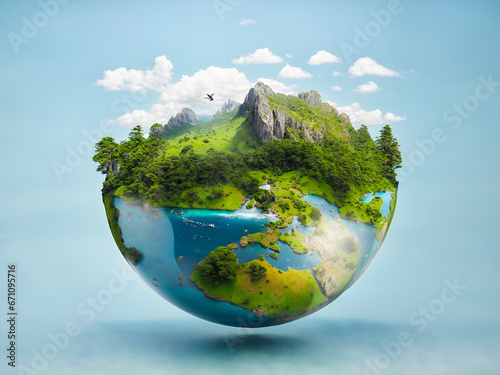 A conceptual image of a half-globe, with its upper surface featuring a vibrant, verdant landscape with rocky outcrops, lush trees, roaming animals, and birds flying overhead. The lower half showcases 