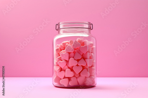 Glass jar with sweets in the shape of hearts
