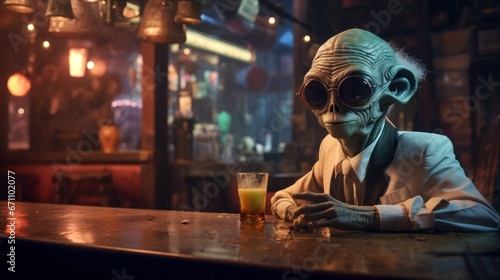 An otherworldly creature perches at a dimly lit bar, his ufo hovering outside as he sips from a glass and observes the bustling street below, a reminder of his lonely existence as a misunderstood ext
