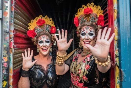 two drag queens waving at the camera