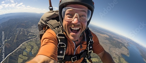 a picture of a tandem skydiver with the jump plane overhead in the backdrop and the brake chute open. moments following the plane's descent. A closer look at the diver's expression.