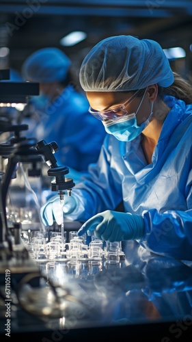 An expert in the analysis of biological material working in a furnished workplace while donning an overall. a theme of science or health. Pharmaceutical microbiology research.