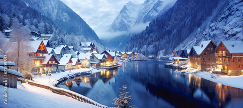 A classic alpine scene, featuring a cluster of chalets and scenic lake, against a backdrop of towering snow-capped peaks, making it an ideal destination for winter holidays and skiing adventures.