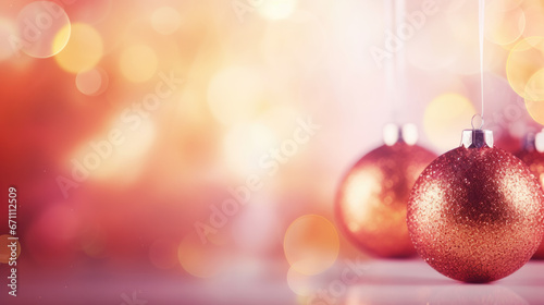 Set Of Baubles On Blurred Background With Lights. Christmas Decorations.