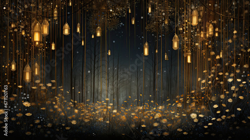 Christmas illustration, golden lights in the forest
