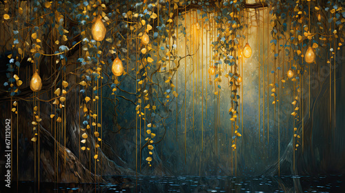 Hanging leaves and tendrils with Christmas lights in the forest. Christmas illustration