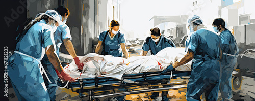 Emergency scene. Medical personal pushing or making surgery patient on gurney in a hospital clinic. illustrative style.
