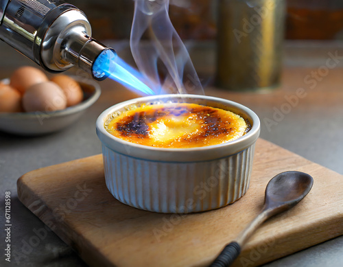 Caramelized creme brulee with a kitchen blowtorch