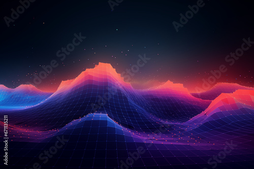 3D wireframe landscape, captivating blues and oranges against a dark background. This cyber-inspired, sci-fi scene embraces hacker styling, creating a dynamic and futuristic digital environment.