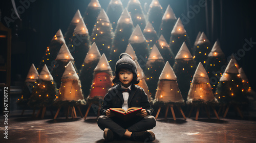Child reading a Christmas story from a book - Christmas tree art backdrop - stage - play - musical