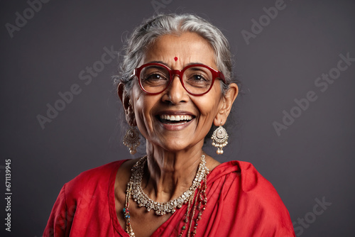 Portrait of a smiling senior Indian woman wearing red dress and eyeglasses