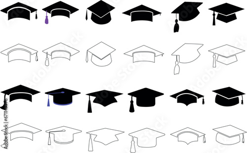 Graduation cap vector illustration isolated on white background. Different styles, academic education symbol. Perfect for university, college, school degree ceremony, celebration.