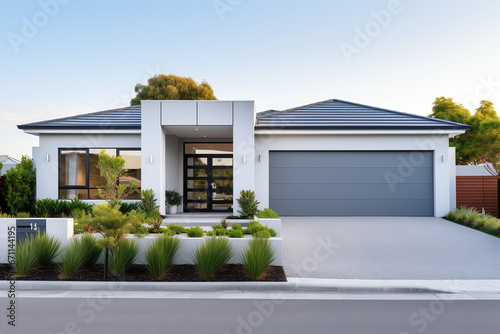 Exterior front facade of new modern Australian style home, residential architecture