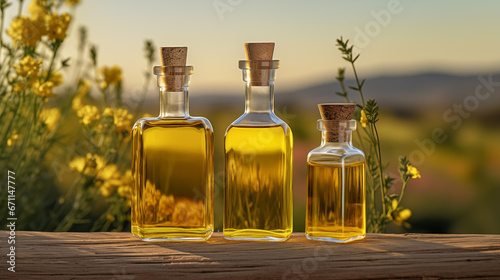 Glass bottles filled with rapeseed oil on the background of blooming rape plants