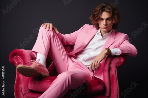 fashionable stylish man in a pink elegant suit on a pink fur chair. fashion concept, blogger content. 