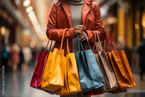 female shopper with colorful shopping bags on the background of a shopping center. shopping and leisure concept.