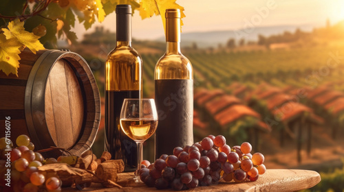 Bottles and wineglasses with grapes and barrel in vineyard scene background.
