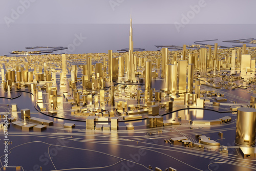 Aerial view of downtown Dubai with Burj Khalifa. Low-poly miniature city. All buildings are made of gold. Concept of gold market and real estate, luxury