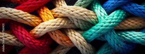 Team rope diverse strength connect partnership together teamwork unity communicate support. Strong diverse network rope team concept integrate braid color background cooperation empower power.