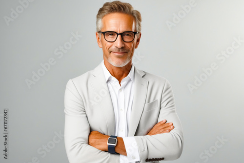 Man in white suit and glasses posing for picture.