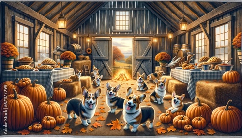 Delve into a rustic barn setting, perfectly capturing the essence of Thanksgiving. Pembroke Welsh Corgis, with their distinct short legs and endearing expressions, merrily frolic among hay bales 