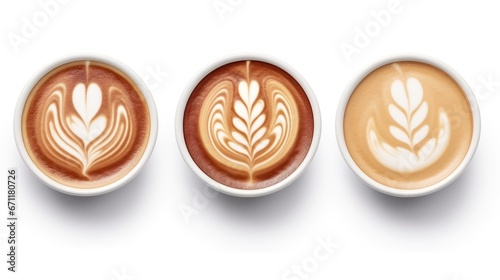 Set of hot coffee,cappuccino,latte art foam isolated on white background.