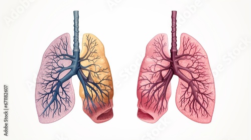 The anatomy of the human lungs. Isolated on white backdrop, realistic 3D vector artwork. Detail of the front view. The trachea connects the right and left lungs. Lung health. Organ of the respiratory 