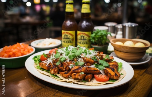 A plate featuring a delicious combination of chicken and salad, served alongside a refreshing beer, blending the flavors of Mexican and American cuisines