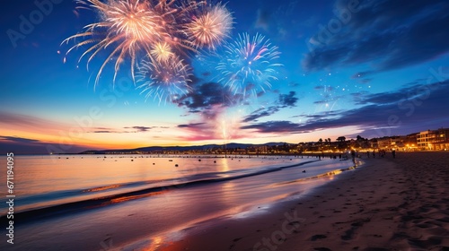 Fireworks over beach at sunset