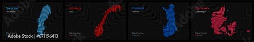 Creative maps of Scandinavian countries. Sweden, Norway, Finland, Denmark. World Countries vector maps series. Spiral fingerprint series
