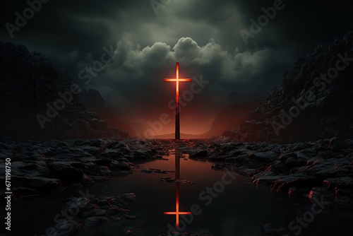 the reflection of the cross in the water and the landscape at night