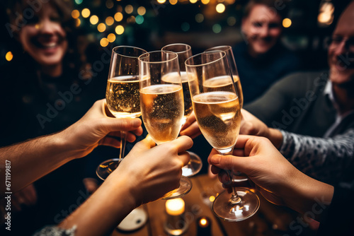 Happy friends having fun and toasting sparkling wine glasses close-up against golden bokeh lights background. Christmas celebration