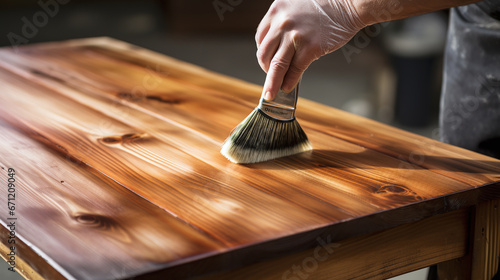 Hand with protective gloves holds brush and paints wooden surface