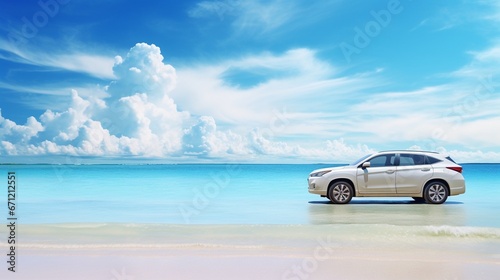 Silver SUV on the beach, farther view blue sky landscape, with copy space, traveling concept.