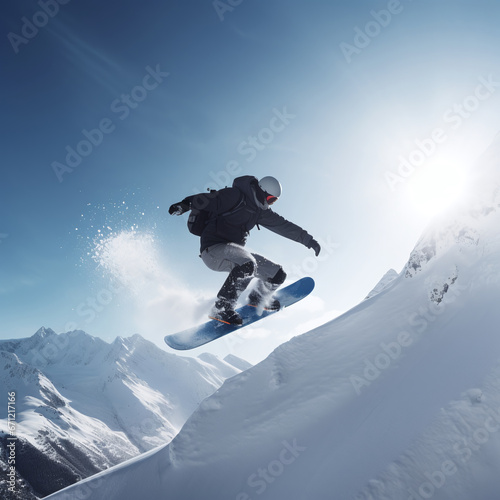 Extreme jump of a snowboarder across the snowy mountains on a snowboard