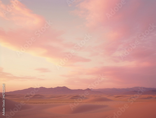 Muted pastel palette of desert sunset, blending sky with sand, soft gradient, romantic and tranquil