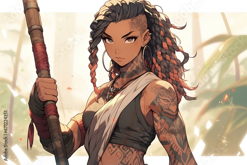 Full body tattooed muscular female monk with facial piercings, holding a bo staff. Japanese animation style character design illustration. generative AI