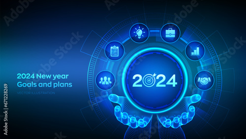 2024 New year Goals and plans icon in wireframe hands. Business plan and strategies. Goal acheiveement and success in 2024. Resolutions, plan, action, checklist concept. Vector illustration.