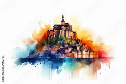 Watercolor drawing of the Mont Saint fortress. Generative AI.