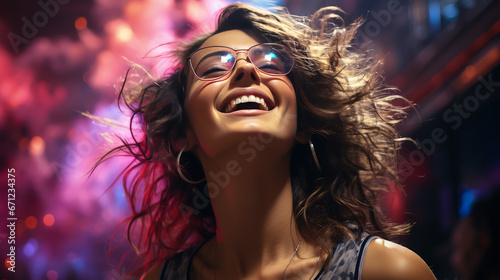 Beautiful Fashionable Woman with Curly Hair and Glasses Dances Cheerfully in a Nightclub under Neon Lighting.
