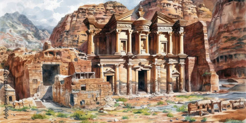 Watercolor drawing of the City of Petra. Generative AI.