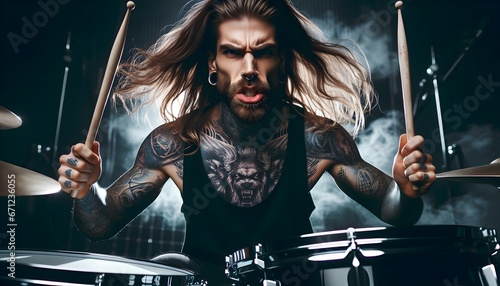 Portrait of heavy metal tattooed drummer drumming at concert, hard rock concept, musical background